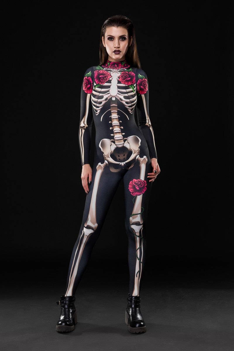 Sexy Skeleton Halloween costume for women, featuring a black full-body skeleton catsuit, perfect for Halloween parties or Day of the Dead celebrations.