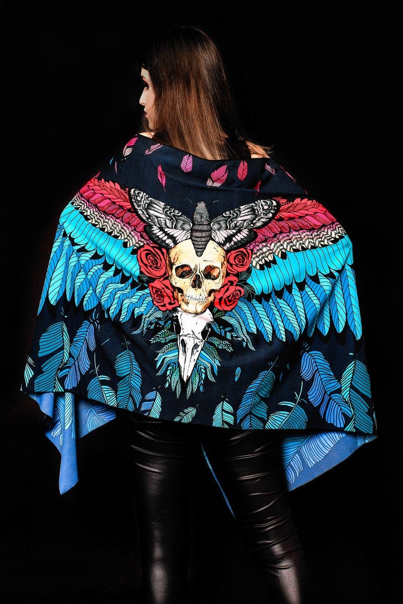 Skull Wings scarf featuring feathered wing and skull design, perfect as a Halloween shawl or gothic-inspired accessory.