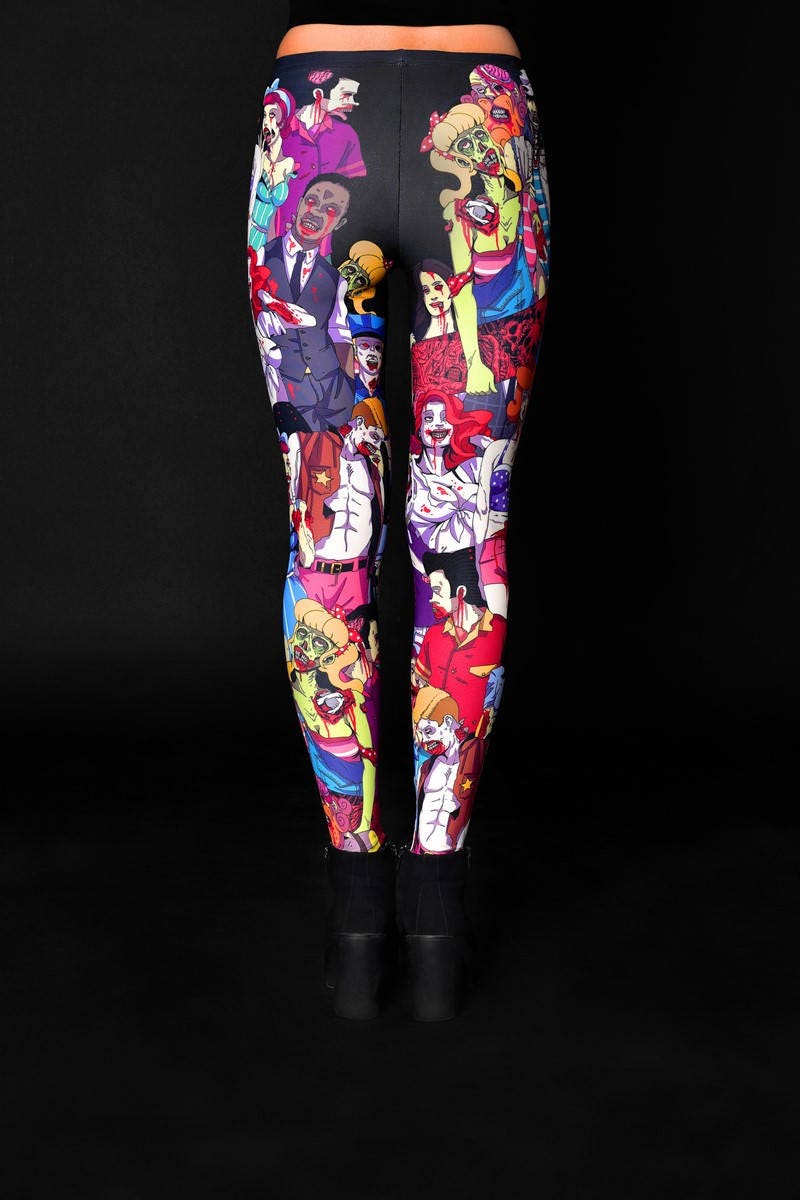 Woman wearing the Zombie Nation Halloween leggings, featuring a bold zombie print, perfect for Halloween parties, yoga, or as part of a casual costume.