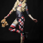 Woman posing in the Halloween Rag Doll costume, showcasing the detailed rag doll stitching and spooky design, perfect for Halloween parties or costume festivals.