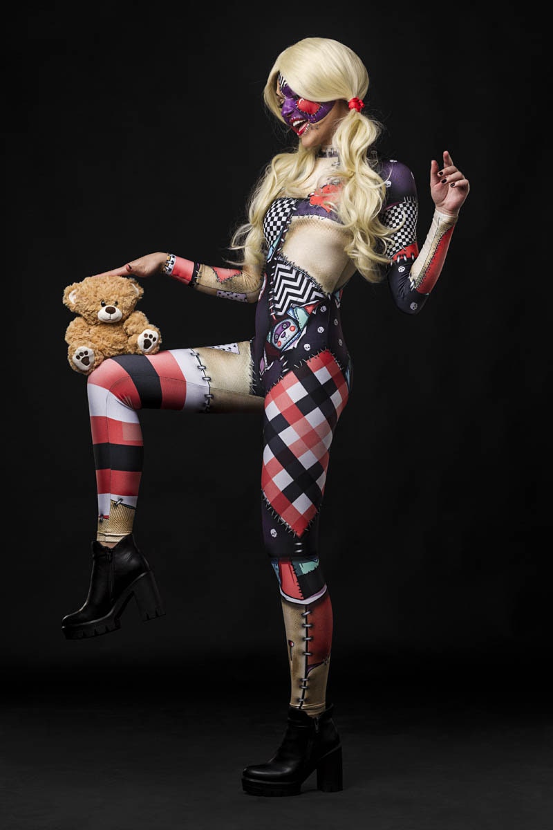 Halloween Rag Doll costume for women, full-body catsuit featuring a voodoo doll-inspired design, perfect for Halloween parties or cosplay events.