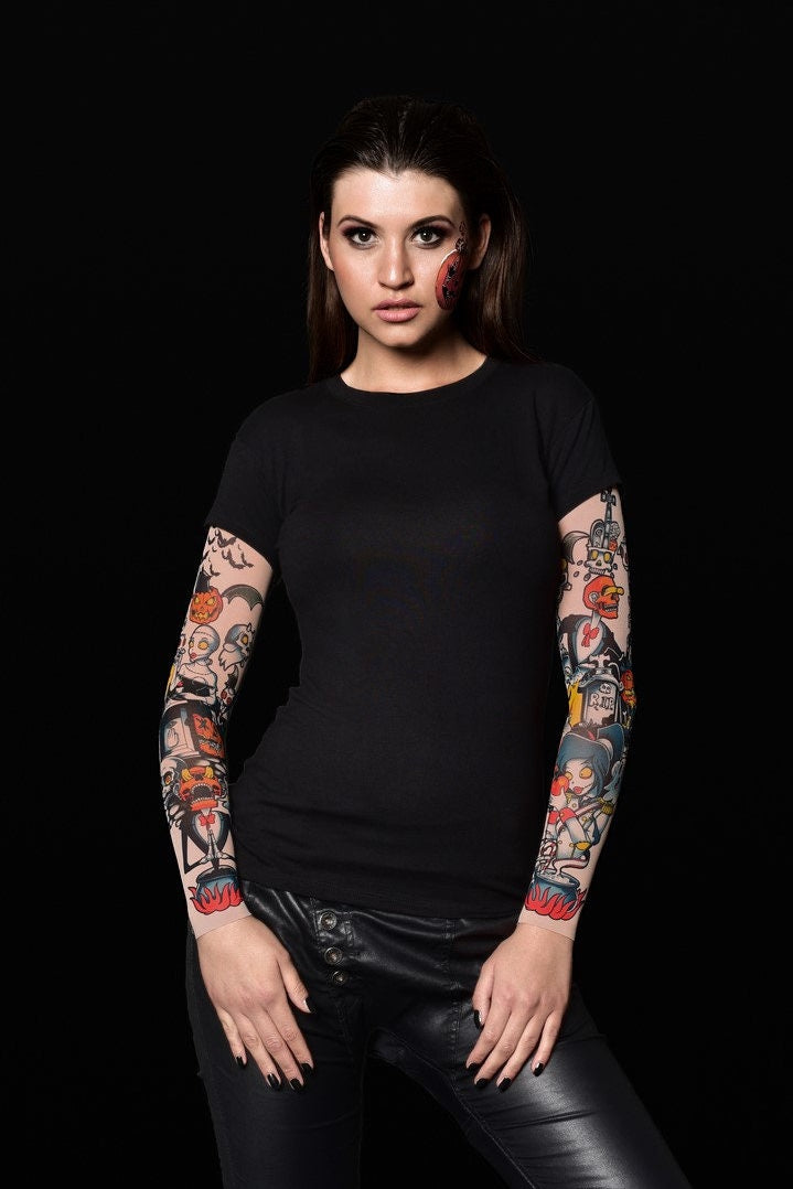 Pumpkin Halloween T-shirt for women with pumpkin tattoo sleeves, perfect for Halloween parties or as a fun, spooky top.