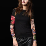 Black Mirror Circus Halloween T-shirt for women, featuring clown and circus-themed tattoo designs, perfect for Halloween parties or gothic fashion.