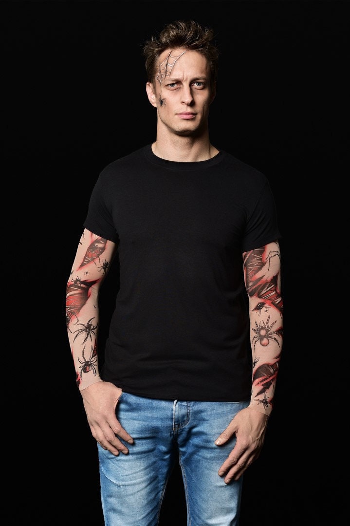 Spiders Halloween T-shirt for men featuring spiderweb and bloody tattoo sleeves, perfect for Halloween parties or as a spooky casual top.