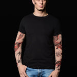 Spiders Halloween T-shirt for men featuring spiderweb and bloody tattoo sleeves, perfect for Halloween parties or as a spooky casual top.