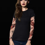 Spiders Halloween T-shirt for women featuring spiderweb tattoo sleeves, perfect for Halloween parties or as a spooky everyday top.