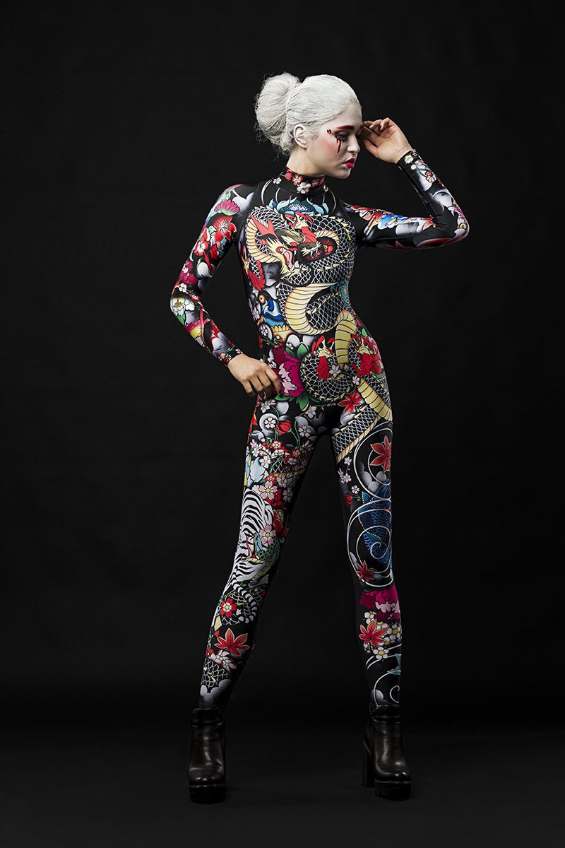 Yakuza Style Geisha Halloween costume for women, featuring a full-body catsuit with Japanese tattoo-inspired design, perfect for Halloween or cosplay events.