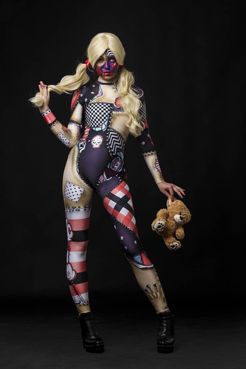 Woman posing in the Halloween Rag Doll costume, showcasing the detailed rag doll stitching and spooky design, perfect for Halloween parties or costume festivals.