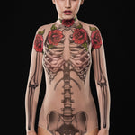 Tattoo Skeleton Bodysuit Halloween costume for women, featuring a mesh full-body suit with a skeleton and fake tattoo design, perfect for Halloween or Day of the Dead celebrations.