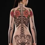 Close-up of the intricate skeleton and tattoo design on the mesh bodysuit, ideal for a bold Halloween or festival look.