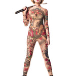 Yakuza Style Tattoo Halloween costume, full-body mesh catsuit with Japanese tattoo-inspired design, perfect for Halloween or festival events, shown with a held sword.