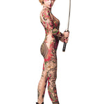 Close-up of the Japanese tattoo-style design on the Yakuza-style mesh catsuit, with the model holding a sword, ideal for a bold Halloween or festival look.