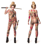 Woman wearing the Yakuza Style Tattoo costume, a full-body mesh catsuit with Japanese tattoo art and holding a sword, perfect for Halloween or cosplay.