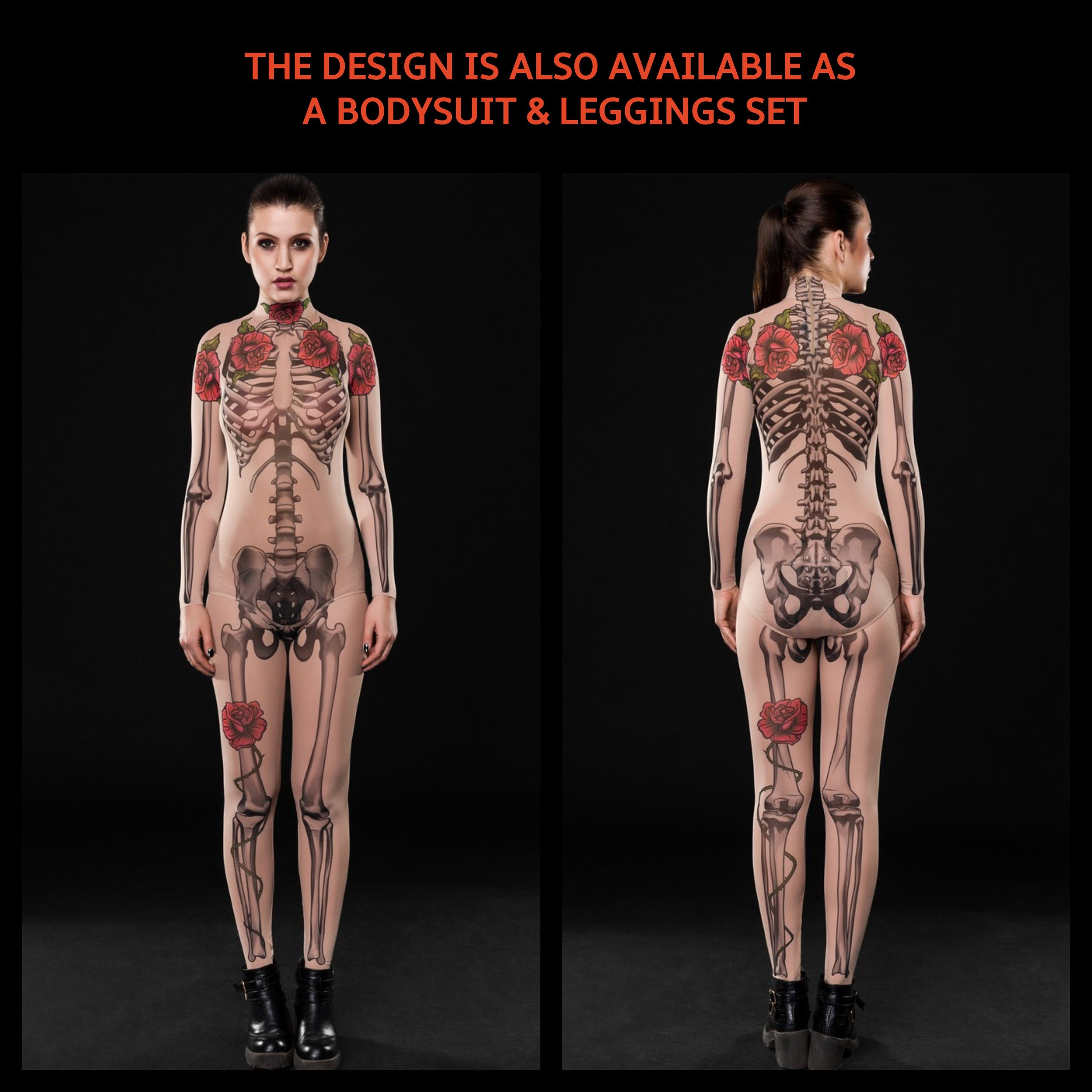 Woman posing in the Tattoo Skeleton Halloween bodysuit, highlighting the mesh fabric and fake tattoo skeleton design, great for Halloween or as a standout festival outfit.