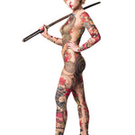 Woman posing in the Yakuza Style Tattoo Halloween catsuit, holding a sword and showcasing the intricate Japanese tattoo-inspired design on mesh, great for Halloween or as a standout festival outfit.