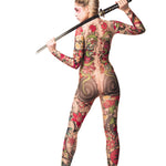 Close-up of the Japanese tattoo-style design on the Yakuza-style mesh catsuit, with the model holding a sword, ideal for a bold Halloween or festival look.