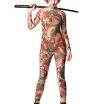 Yakuza Style Tattoo Halloween costume, full-body mesh catsuit with Japanese tattoo-inspired design, perfect for Halloween or festival events, shown with a held sword.