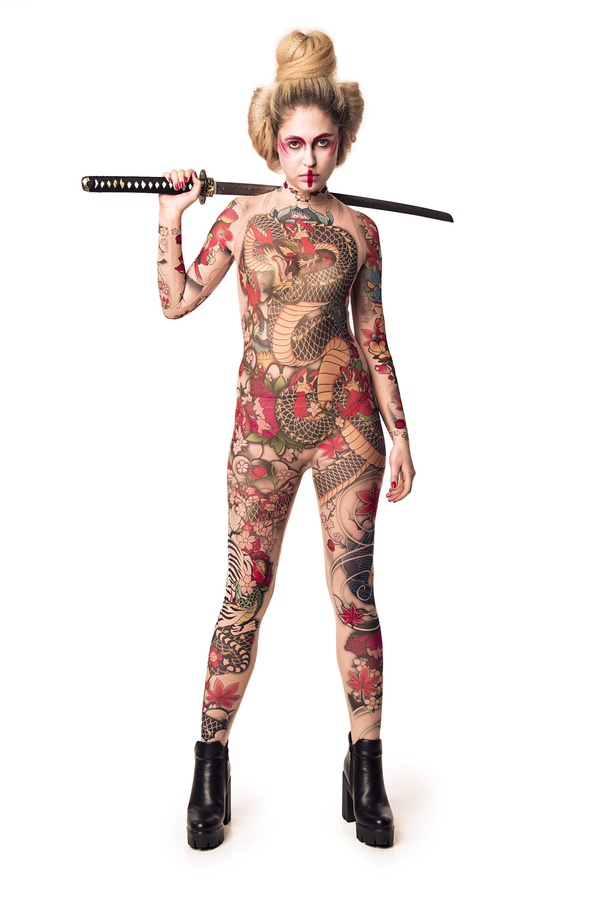 Yakuza Style Tattoo Halloween costume, full-body mesh catsuit with Japanese tattoo-inspired design, perfect for Halloween or festival events, shown with a held sword.