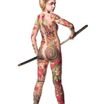 Yakuza Style Tattoo Halloween costume, full-body mesh catsuit with Japanese tattoo-inspired design, perfect for Halloween or festival events, shown with a held sword.