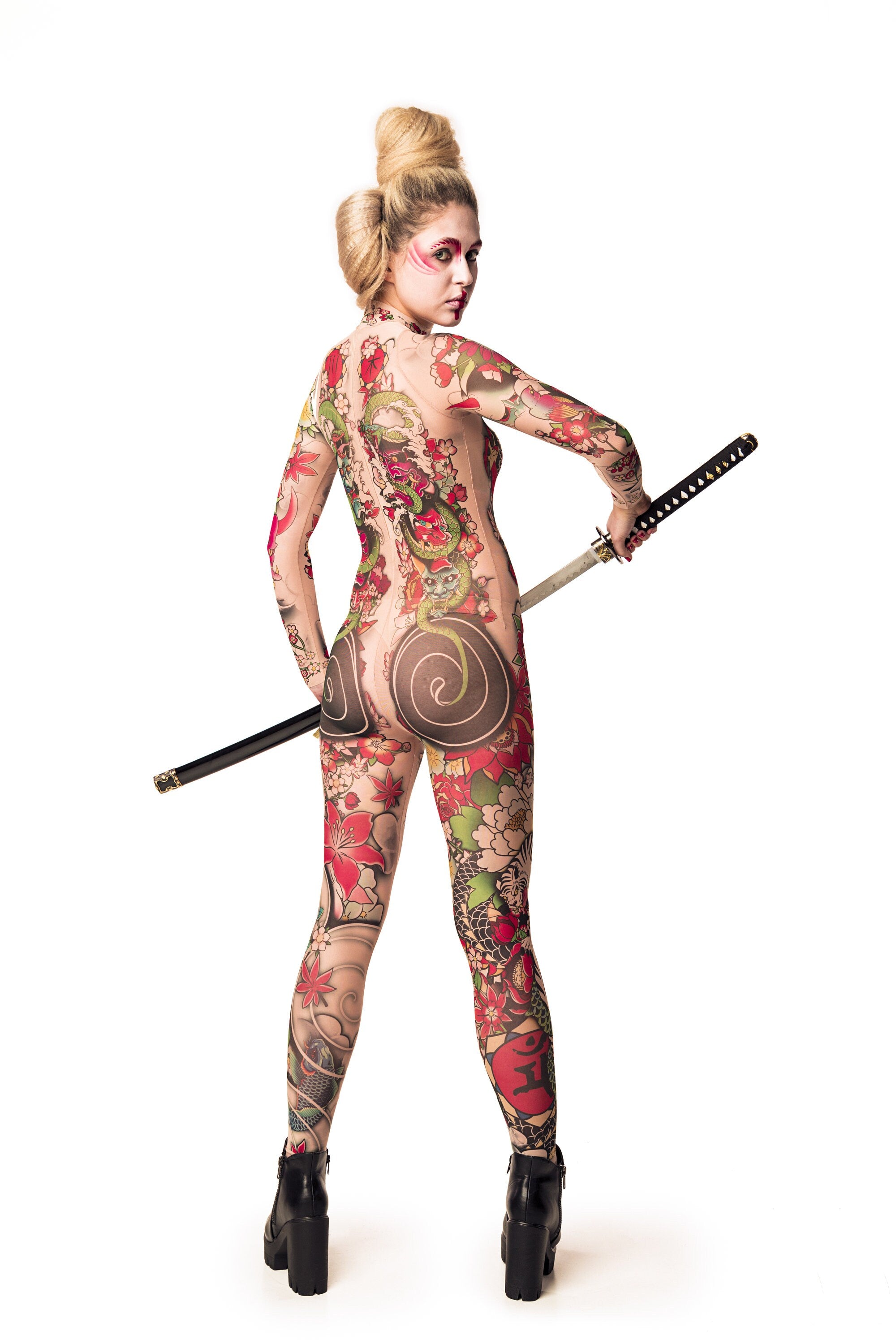 Yakuza Style Tattoo Halloween costume, full-body mesh catsuit with Japanese tattoo-inspired design, perfect for Halloween or festival events, shown with a held sword.