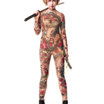 Yakuza Style Tattoo Halloween costume, full-body mesh catsuit with Japanese tattoo-inspired design, perfect for Halloween or festival events, shown with a held sword.