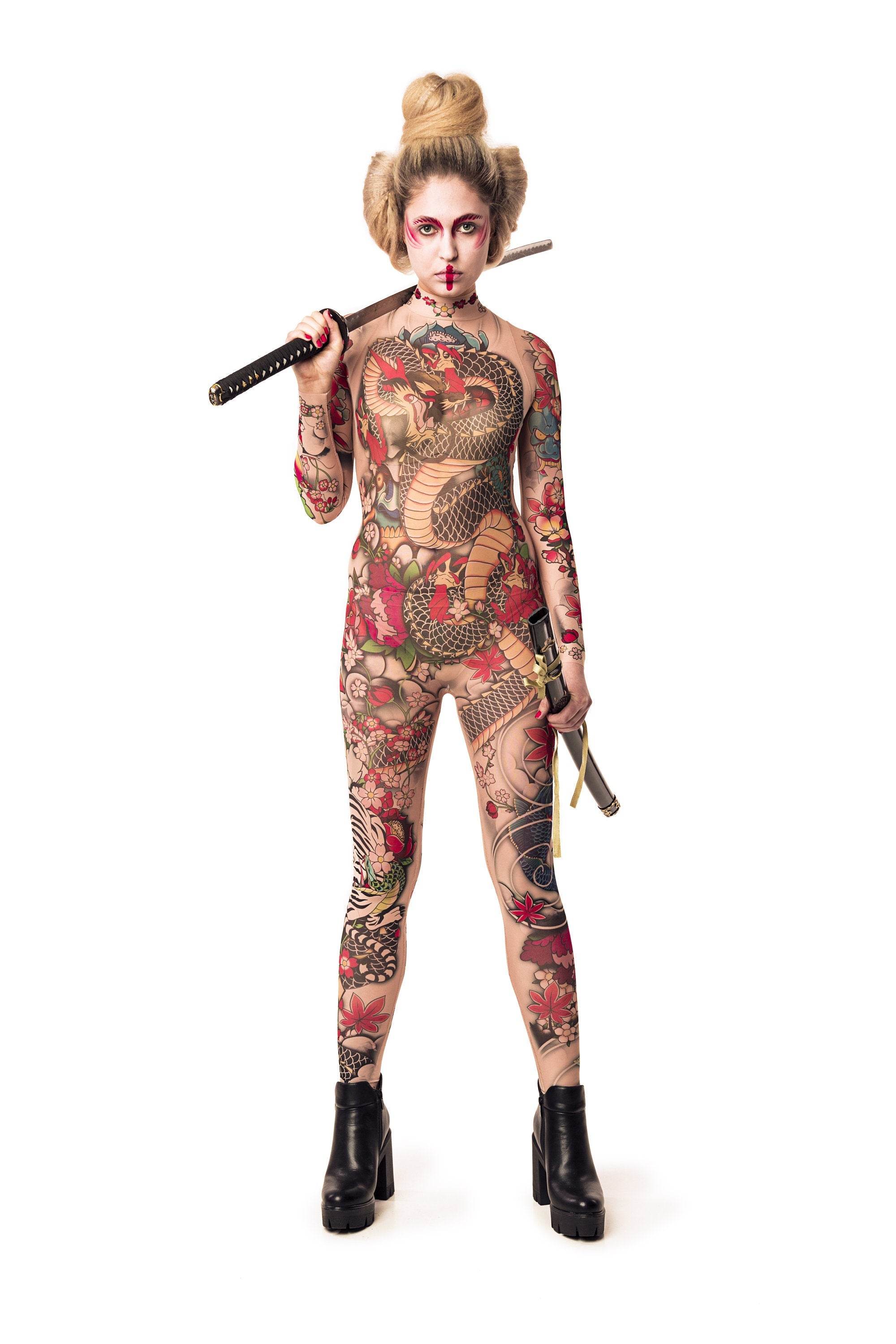 Yakuza Style Tattoo Halloween costume, full-body mesh catsuit with Japanese tattoo-inspired design, perfect for Halloween or festival events, shown with a held sword.