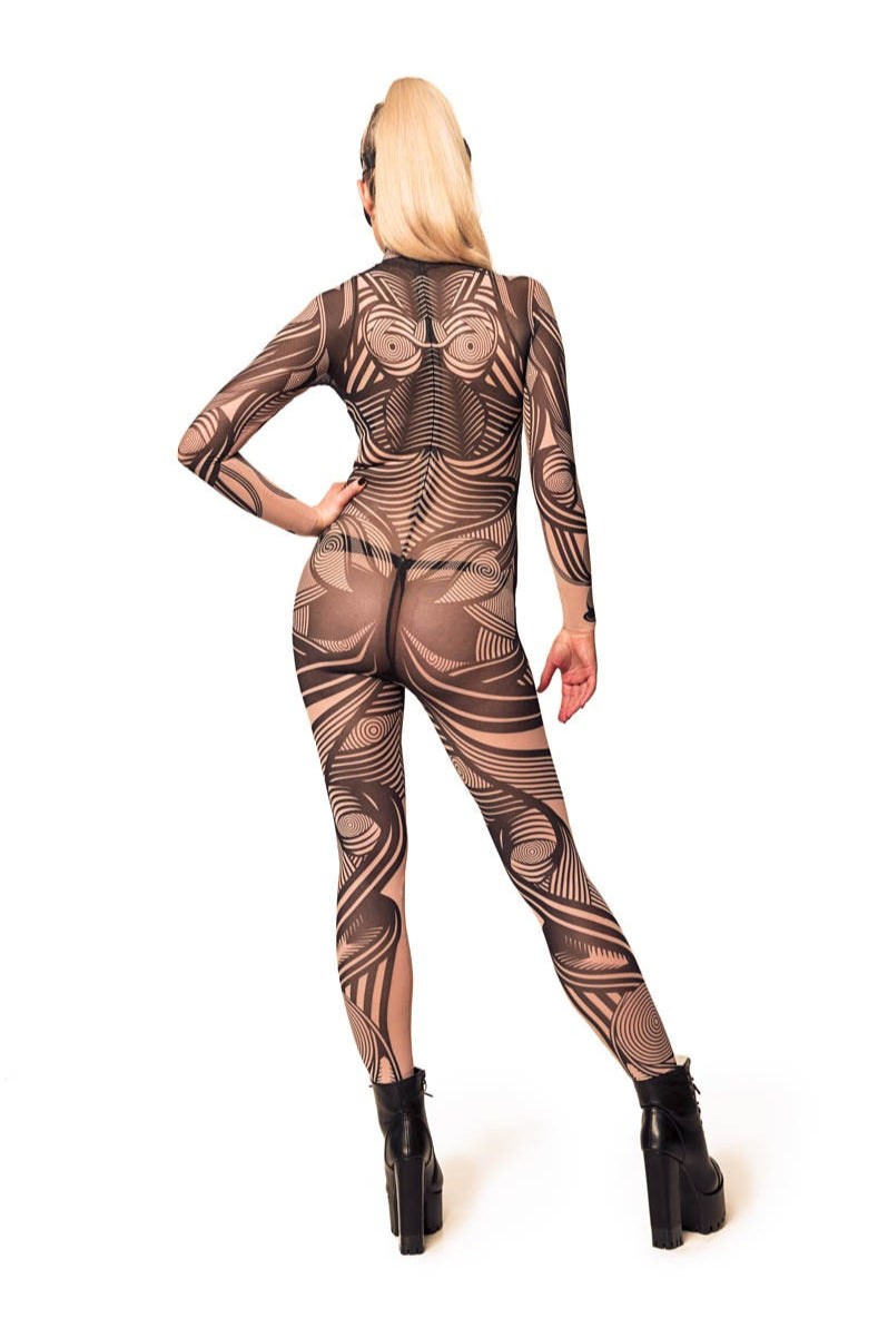 Full back view of HYPNOTIC STYLE Tattoo Catsuit for Women – showcasing intricate tattoo-style details across the back.