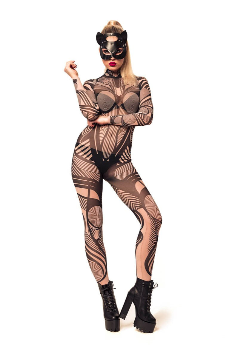 Full front view of HYPNOTIC STYLE Tattoo Catsuit for Women – model wearing a cat mask, highlighting the bold, hypnotic tattoo design and sleek fit.