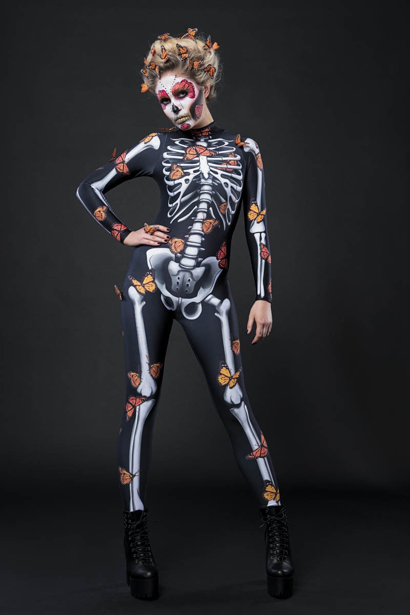 Lady Butterfly Skeleton Halloween costume for women, featuring a full-body skeleton catsuit with vibrant butterfly accents, perfect for Halloween or Day of the Dead celebrations.