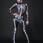 Woman posing in the Lady Butterfly Skeleton costume, showcasing vibrant butterfly wings and a skeleton theme, perfect for Halloween or as a standout festival outfit.