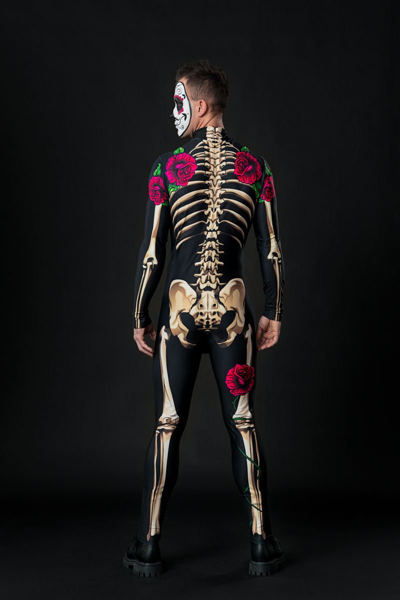 Man wearing the Mr. Death Halloween costume, full-body skeleton suit inspired by Day of the Dead, ideal for Halloween parties.