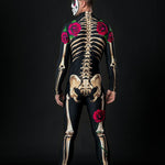 Man wearing the Mr. Death Halloween costume, full-body skeleton suit inspired by Day of the Dead, ideal for Halloween parties.