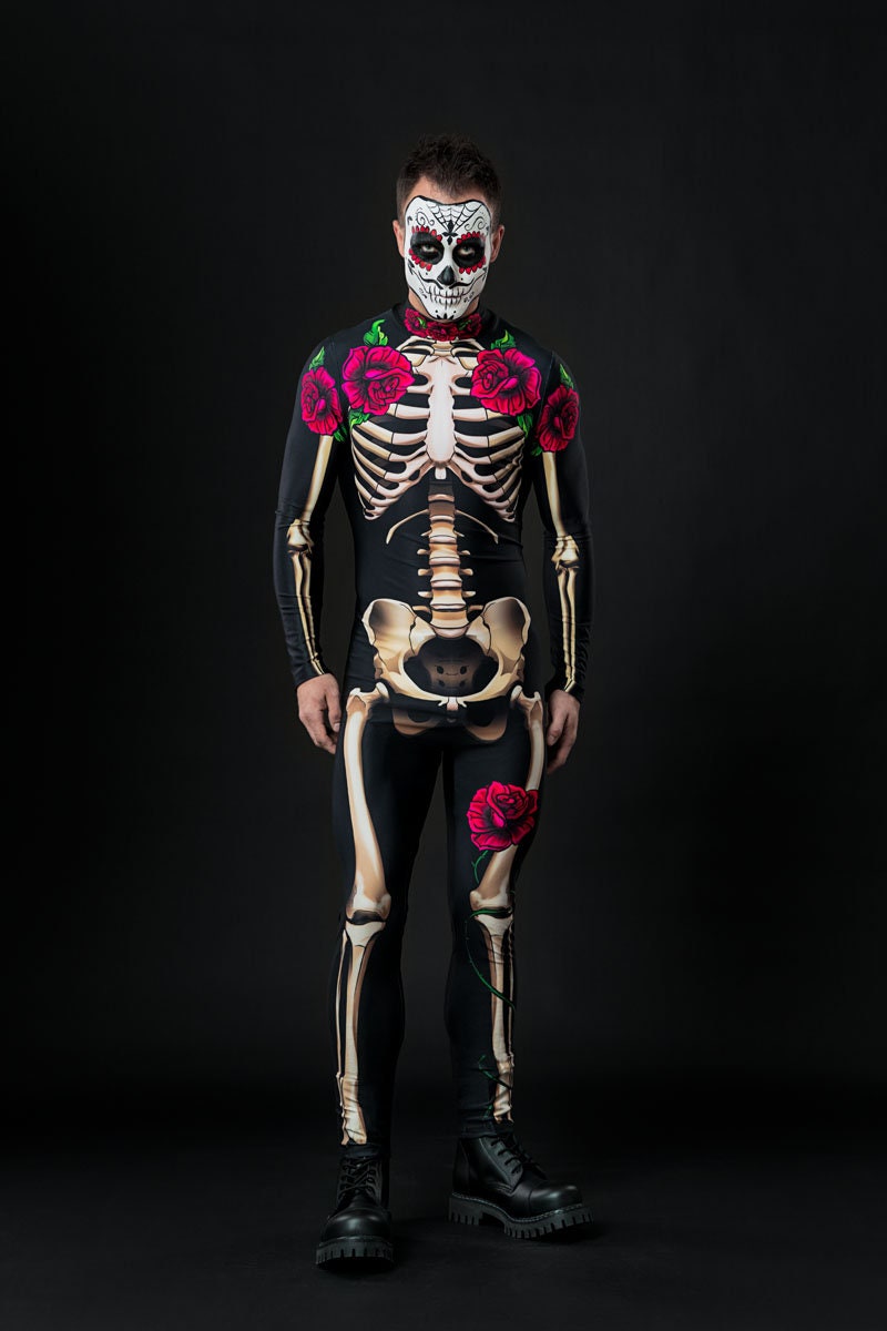 Man posing in Mr. Death skeleton costume, demonstrating the detailed skeletal design and comfortable fit, perfect for Halloween or cosplay.