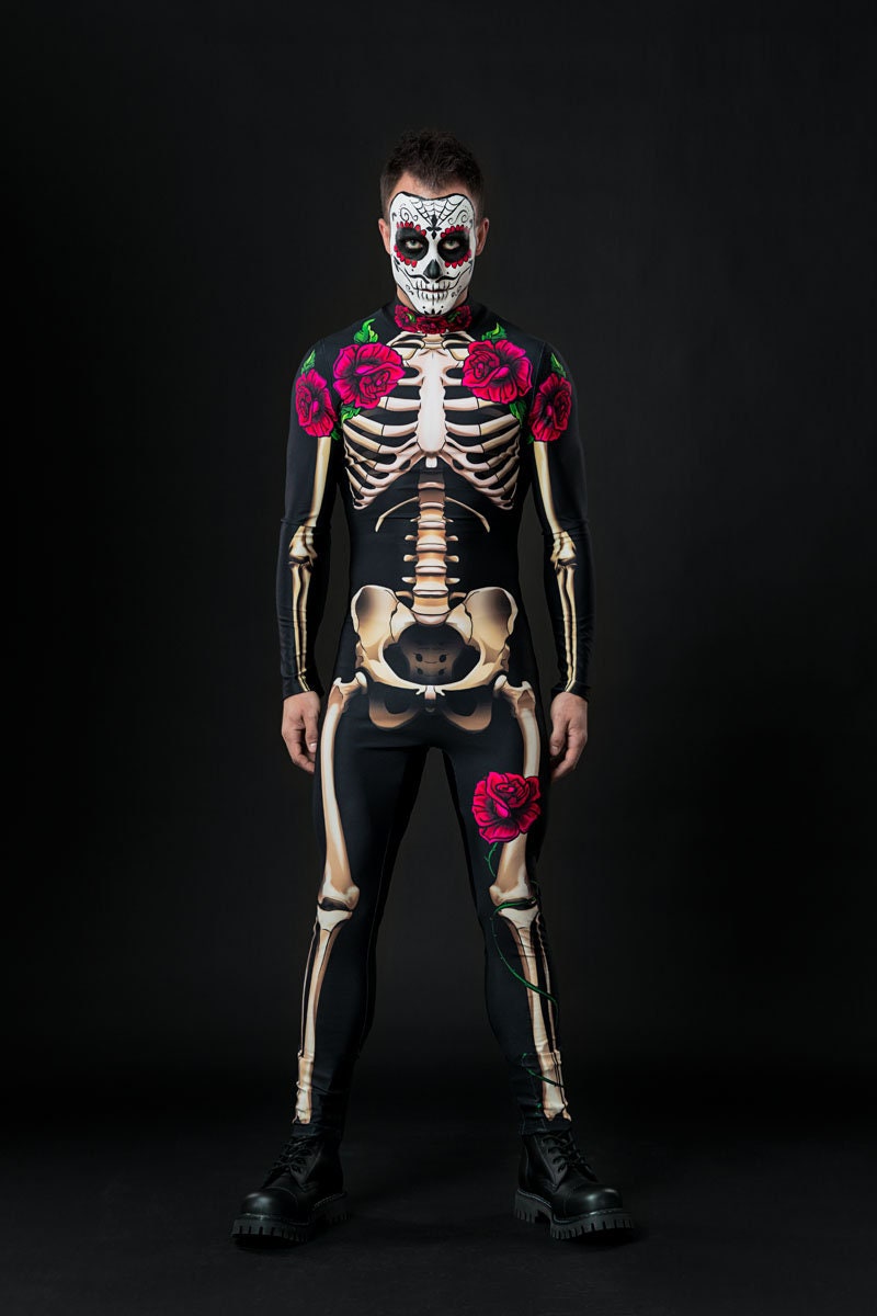 Mr. Death Halloween costume for men, full-body skeleton suit, perfect for Day of the Dead or Halloween celebrations.