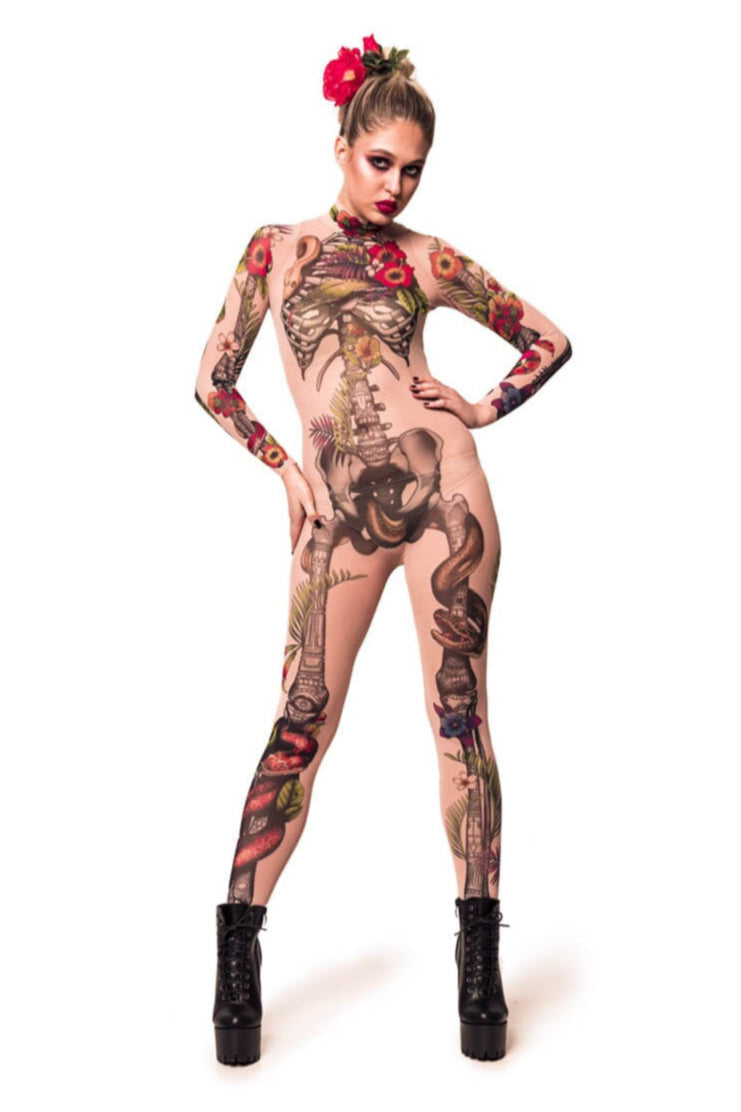 Strong front view of JUNGLE SNAKES Tattoo Skeleton Catsuit for Women – showcasing the fierce snake and floral tattoo design with powerful energy.