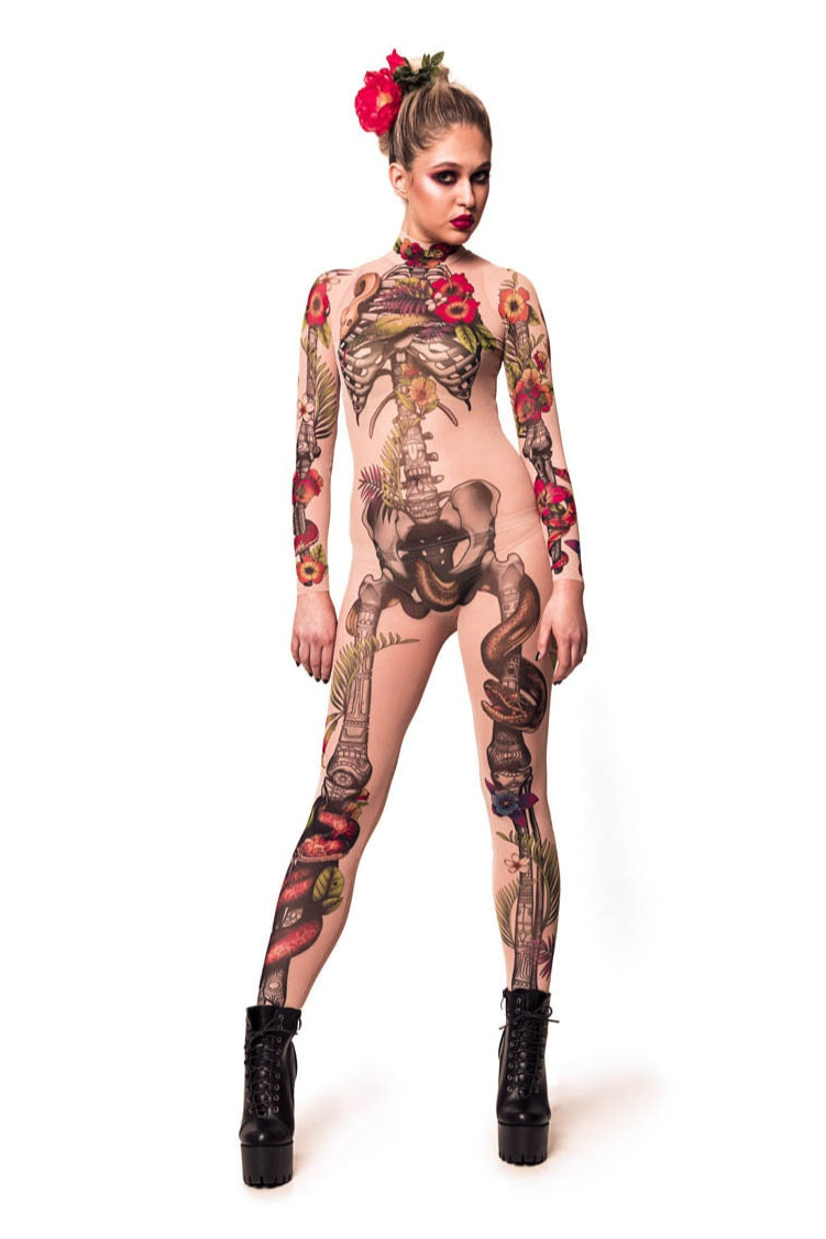 Confident front view of JUNGLE SNAKES Tattoo Skeleton Catsuit for Women – model standing proudly to emphasize strength and boldness.