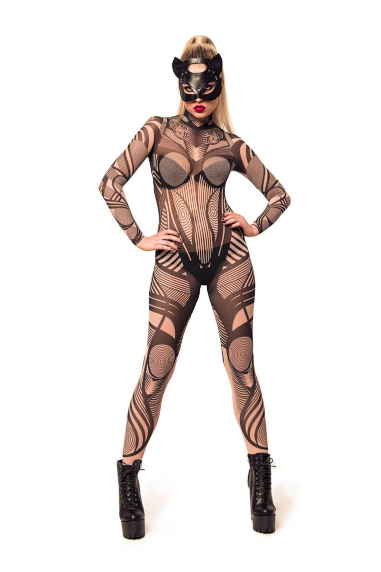 Front view of HYPNOTIC STYLE Tattoo Catsuit for Women – model in cat mask posing confidently with hands on hips, accentuating the tattoo design.