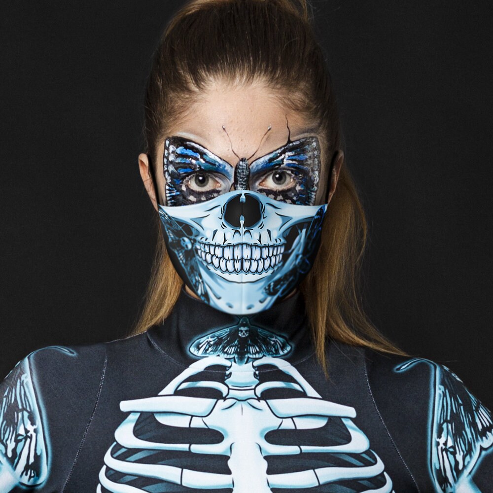 Woman posing in the Lady Moth Halloween costume, showcasing the intricate gothic skeleton and moth design, perfect for Halloween parties or gothic festivals.