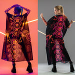 Back collage of chiffon kimono over DUAL NEON VIBE Tattoo Catsuit – regular and UV-glow views.