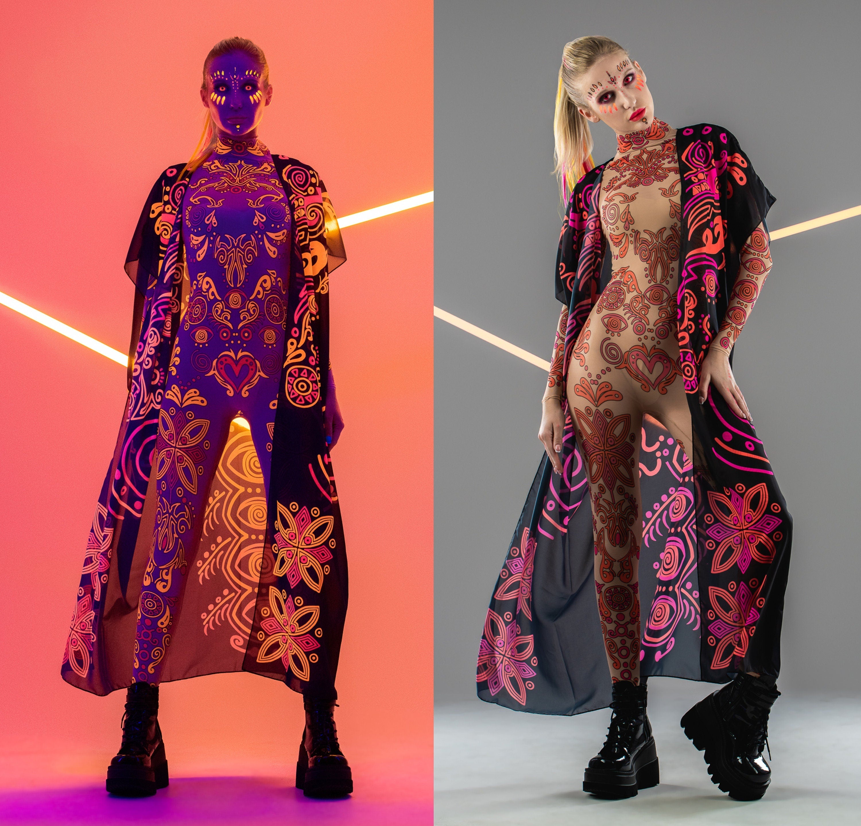 Front collage of DUAL NEON VIBE Tattoo Catsuit with chiffon kimono – shown in natural and UV-reactive lighting.