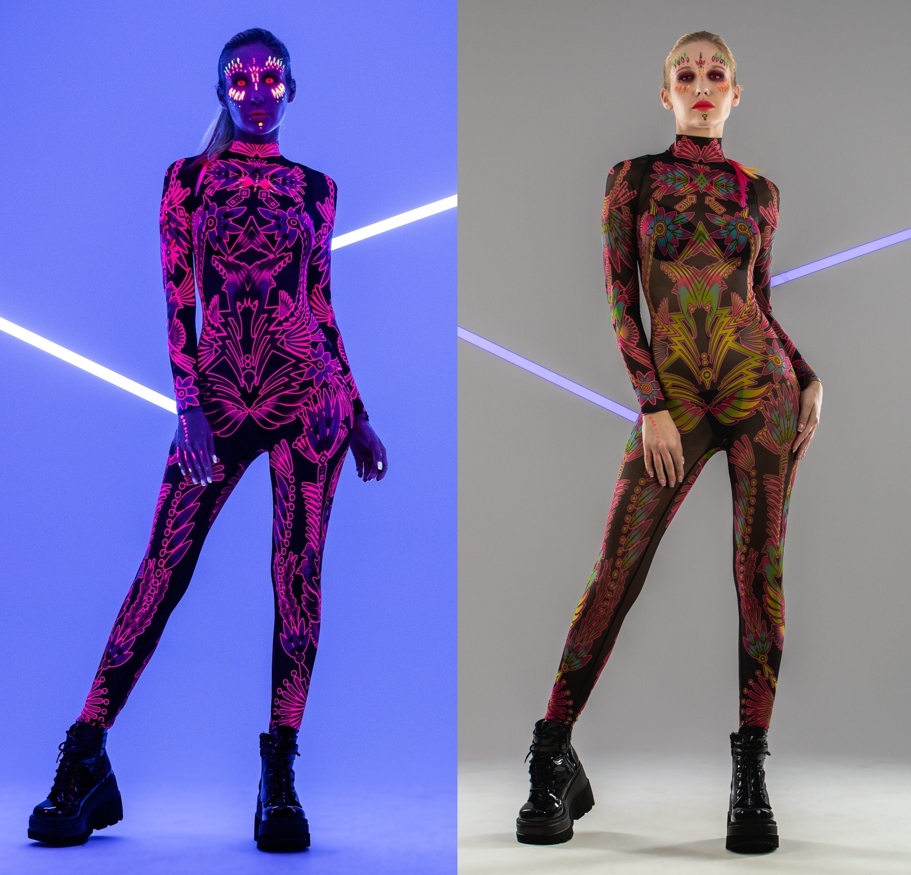 NEON FLOWERS FLUORESCENT Black Catsuit