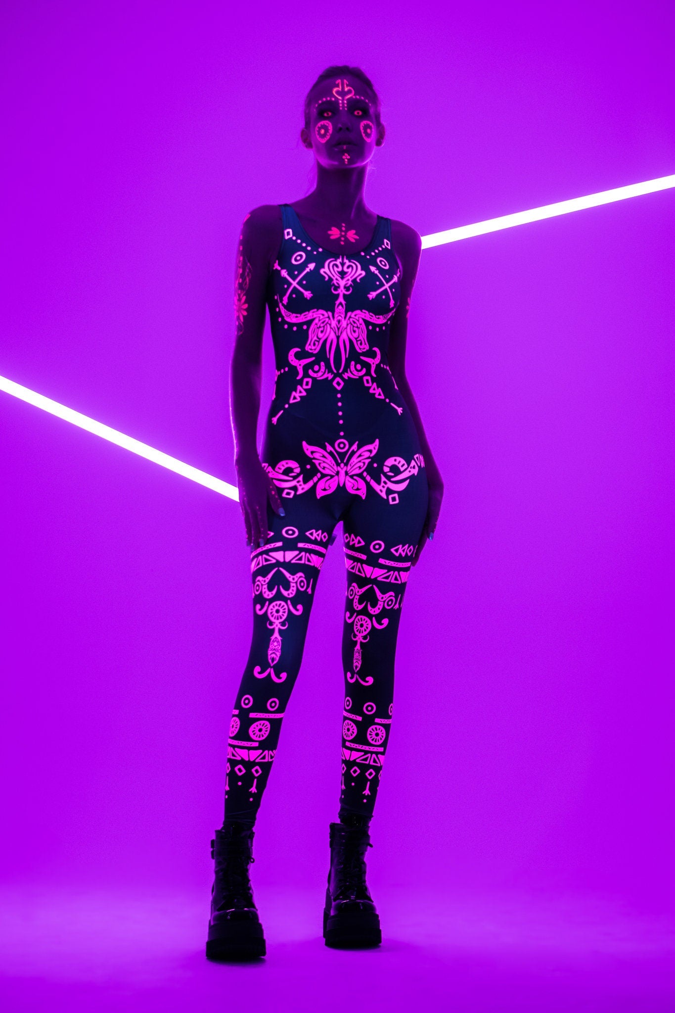 PINK TRIBAL UV light Catsuit & Kimono set