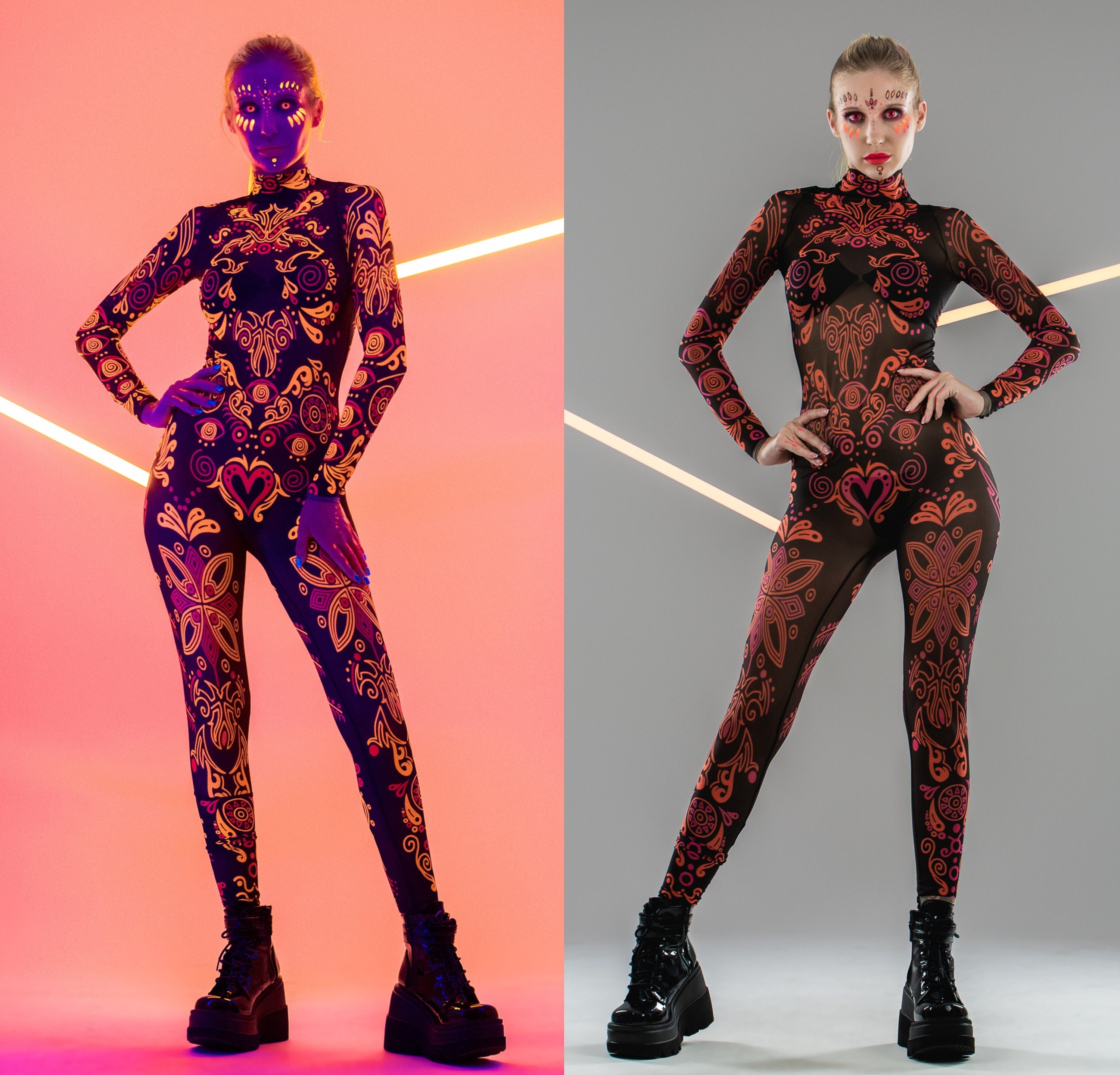 2 COLOR FLUORESCENT Black Catsuit