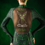 Close-up of the intricate tattoo effect on the back of the Matrix jumpsuit, featuring designs inspired by the Matrix and White Rabbit theme, ideal for Halloween or festivals.