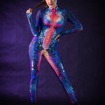 Blue Snake Halloween costume for women, featuring a snake skin jumpsuit with tattoo effect on the back, perfect for Halloween parties or music festivals.