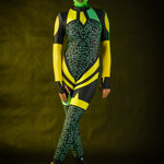 Green Alien Halloween costume for women, featuring a full-body jumpsuit with tattoo effect on the back, inspired by UFO and alien themes, perfect for Halloween or cosplay events.