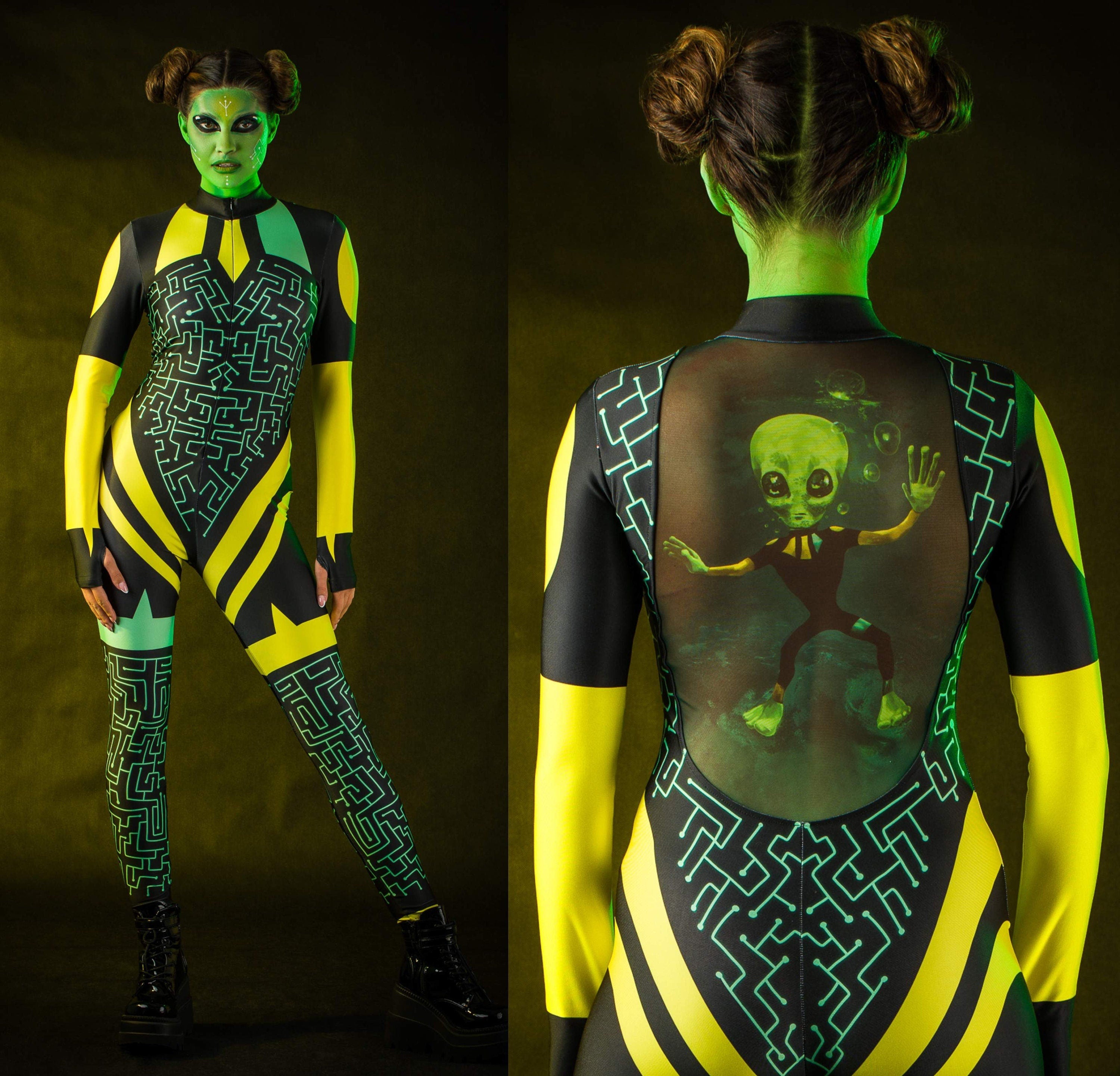 Woman wearing the Green Alien Halloween costume, a full-body UFO-themed jumpsuit with intricate tattoo details, perfect for Halloween parties or alien cosplay.