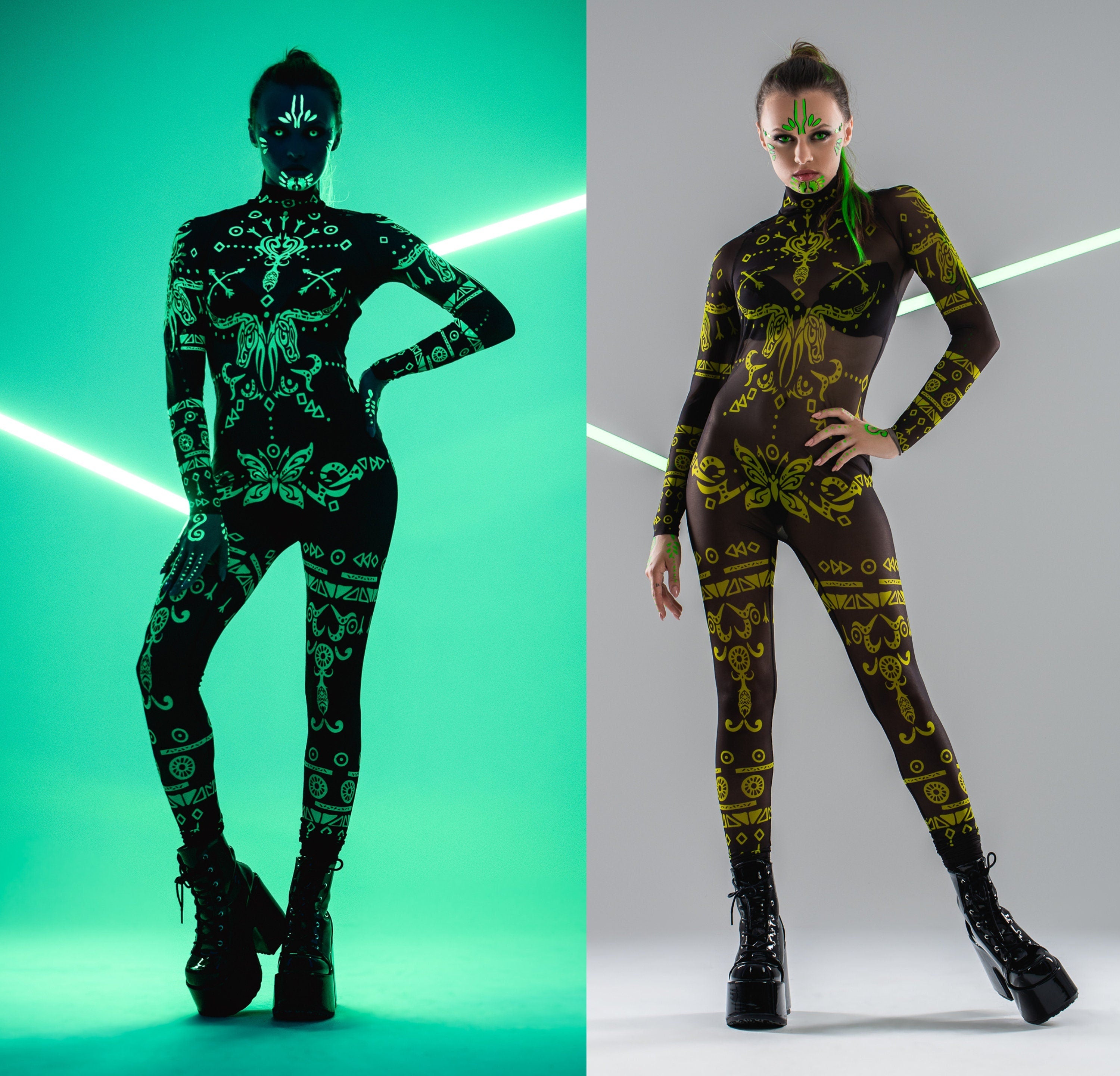 GREEN TRIBAL FLUORESCENT Black Catsuit