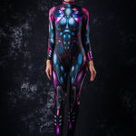 Woman posing in the Pink Cyber Hero Halloween costume, showcasing the sleek pink robotic design, great for Halloween, cosplay, or as a standout festival outfit.