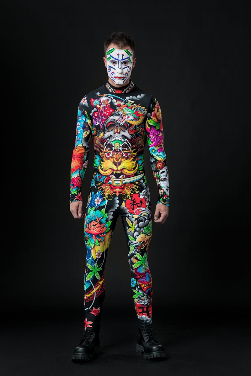 Yakuza Halloween costume for men, featuring a Japanese-inspired full-body design, perfect for Halloween parties or cosplay events.